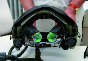 Fig. 6: Image intensifier mounting device for the helmets of Tiger pilots with combiner lenses and lateral sensors.