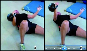 Figure 1. Athlete at the beginning (a) and at the end (b) of an exercise. Images taken from a video showing the exercise that led to the injury.